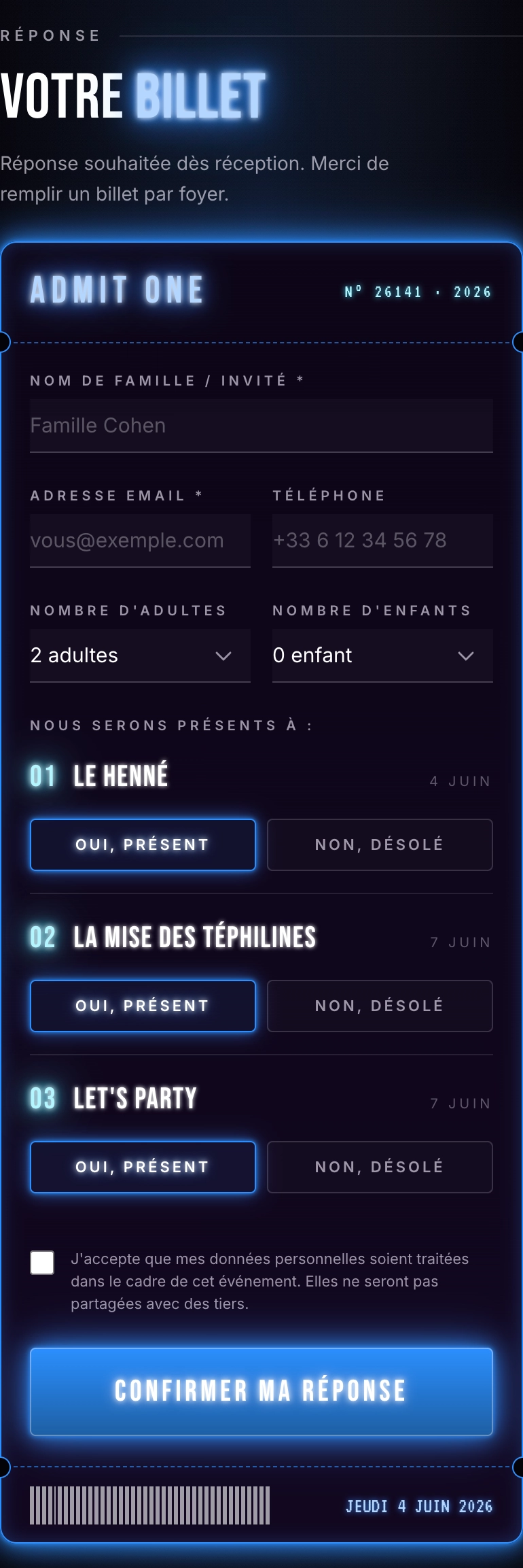 Faire-part Bar Mitzvah affichant les quatre cérémonies pour la liste principale