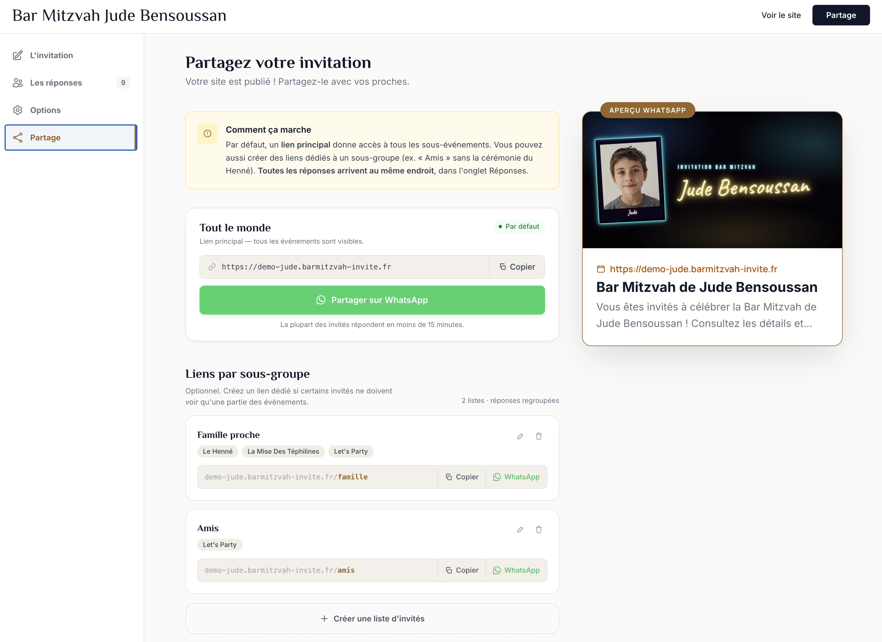 Capture d'écran de la gestion des listes d'invités dans le tableau de bord d'un faire-part Bar Mitzvah